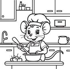 Coloring page for liitle kids with a cute Chef mouse cooking in the kitchen