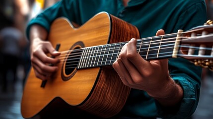 Obraz premium Man is playing a guitar. The guitar is brown and has a black string. The man is sitting on the ground