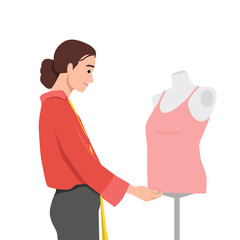 Focused tailor examines a pink top on a mannequin, checking the fit and design details. Flat vector illustration isolated on white background