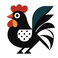 Stylized colorful rooster illustration with bold geometric shapes