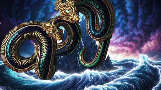Jormungandr sea serpent emerging from ocean depths