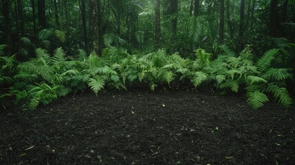Obraz premium Lush ferns line a dark forest floor