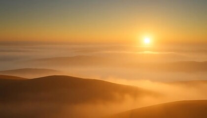 Ethereal sunrise over rolling hills shrouded in mist, bathed in golden light