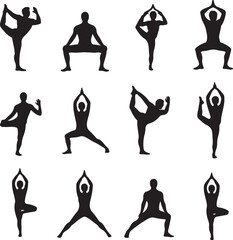 Fototapeta premium Set of black silhouettes of people performing various yoga poses including meditation and stretches, wellness and fitness icons