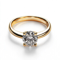 Classic diamond solitaire ring on gold band, isolated on white background