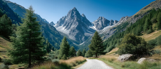 Alpine Road through Majestic Peaks: A winding gravel road cuts through a breathtaking valley, framed by towering, snow-capped alpine peaks and lush evergreen forests under a cerulean sky.
