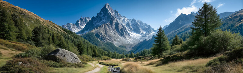 Fototapeta premium Majestic Mountain Valley: A breathtaking panoramic view of a majestic mountain peak, its slopes dotted with lush greenery and towering evergreen trees.