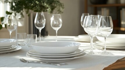 Elegant table setting with white porcelain dishes and crystal stemware for dining