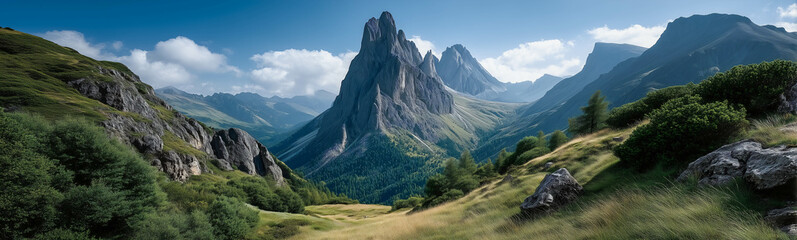 Obraz premium Panoramic Mountain Vista: Capture the grandeur of nature with this breathtaking panorama of towering mountain peaks, lush green valleys, and dramatic skies.