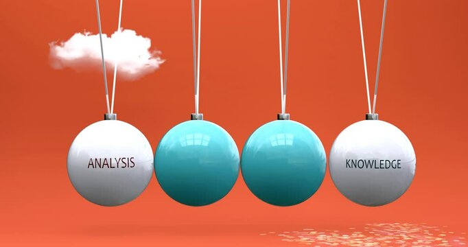 Analysis leads to knowledge. Cause and effect relation between analysis and knowledge. A Newton cradle metaphor in which analysis ignites knowledge, sets it in motion.Can be looped.