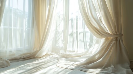 Sunlight streaming through sheer ivory curtains, casting shadows on the floor