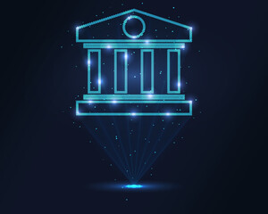 Bank hologram. Futuristic holographic projection of a bank with glowing energy flux and financial design. Ideal for banking, finance, and economic concepts in modern business projects