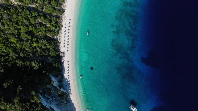 Top down drone view of Gidaki beach in Ithaca island, Greece