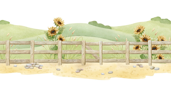 Watercolor farm landscape with wooden fence, sunflowers and green fields seamless border pattern isolated on white. Rustic countryside scene clipart. Pastoral village decor