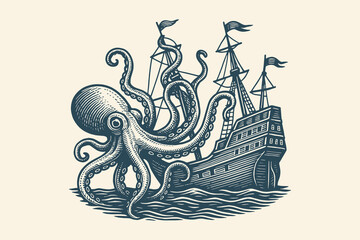 Giant octopus attacking ship, vintage engraving style © Victoria