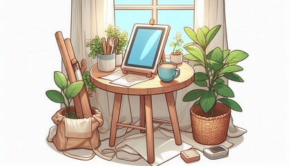 Fototapeta premium Creative workspace inspiration cozy home office desk setup with plants and art supplies