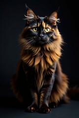 Fototapeta premium Longhaired tortoiseshell Maine Coon, black backdrop , brown tabby cat, tricolor cat