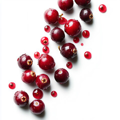 Cranberries in motion with juice effects, isolated on white background