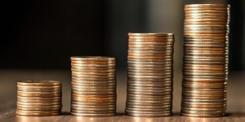 Stacks of coins arranged in increasing height, symbolizing wealth growth and financial progress on a wooden surface.