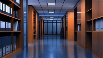 Modern office interior showcasing a spacious hallway lined with wooden bookshelves and files