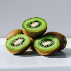 A cluster of three to five kiwi fruits, freshly cut to reveal their vibrant, electric green flesh, placed against a clean, crisp, and bright white background