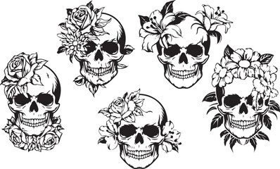 Fototapeta premium Floral Skull Silhouettes Vector with Roses and Leaves for Tattoo Art, Gothic Design, Halloween, Vintage Aesthetic, and Day of the Dead Themes
