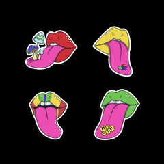 Sticker set of  lips —red, yellow, green, and multicolored—with tongues sticking out, featuring imaginative elements like smiling emoji faces, colorful pills, and whimsical mushrooms. 