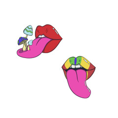 Red and multicolored lips with tongues sticking out, including one tongue with mushrooms growing on it. Surreal, psychedelic design with vibrant colors and whimsical details