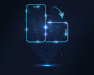 Phone rotation hologram. Futuristic holographic projection of a smartphone rotating with glowing energy flux and digital interface design. Perfect for app development, UI, UX, and tech concepts