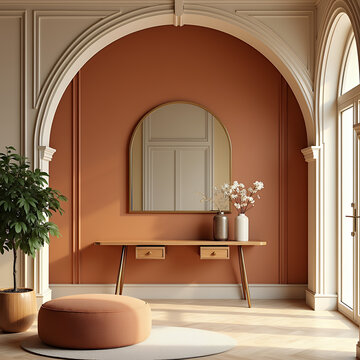 Interior with arch and decorative plaster
Style: Modern with Art Deco elements
Colors: Warm terracotta, gold accents, creamy white
