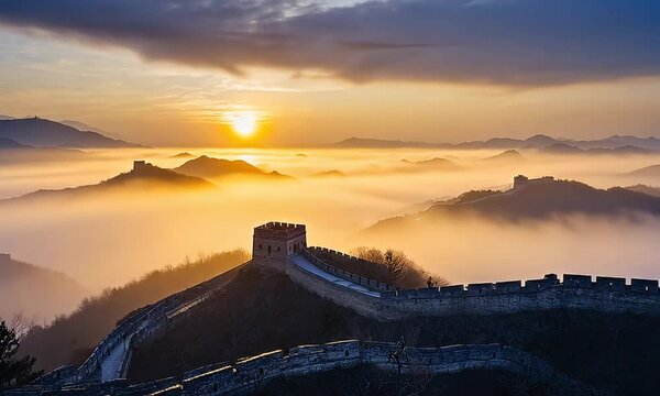 Majestic Sunrise Over the Misty Great Wall of China