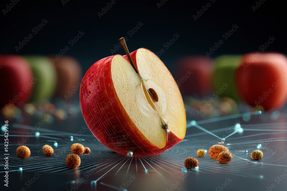 Poster digital representation of apple slice showcasing nutritional benefits with grid design and vitamin h