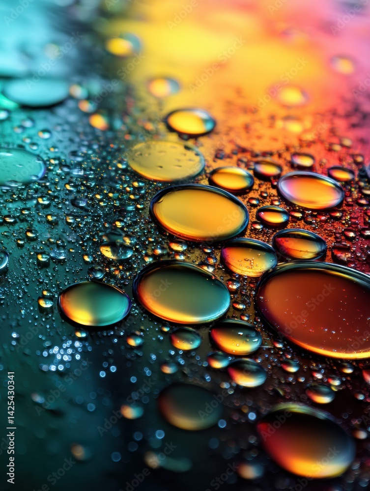 Poster exploring the vibrant texture of crude oil with rainbow highlights and reflections under macro lens