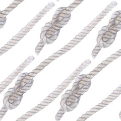 Sailor's rope, tied into a reef knot seamless watercolor pattern isolated on white. Grey monochrome. Hand painted clip art perfect for eco design, sailing, sea travel, wrapping paper, packages, scout