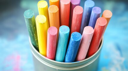 Colorful chalks in a tin container on a vibrant background.
