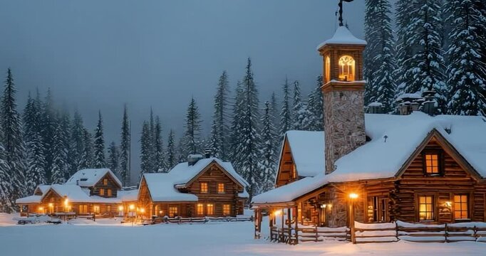 Cozy winter village night scene