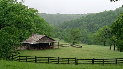 Obraz premium Serene Rural Pavilion: A Misty Spring Morning on the Farm