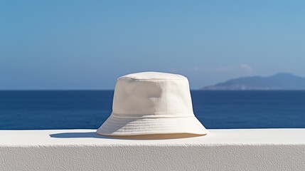 White hat is sitting on a ledge overlooking the ocean. The hat is the only object in the image, and it is positioned in such a way that it is almost as if it is floating in the air