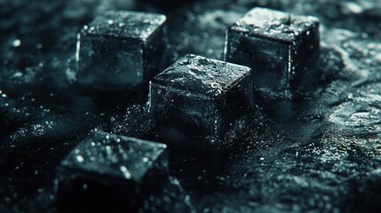 Close-up of several, wet, dark ice cubes