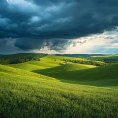 Obraz premium Dramatic landscape, rolling hills, green field, storm clouds