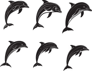 set of black silhouettes of dolphins vector illustration