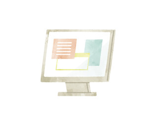 ファイルが開いているパソコンモニター-水彩
