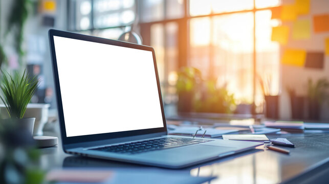 Laptop Mockup in Bright Modern Office with Sun Flare
