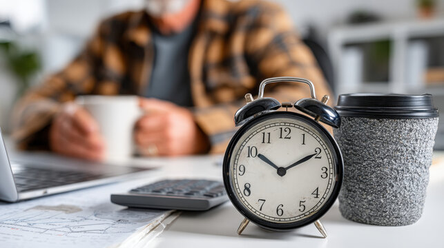 Alarm Clock on Desk, Senior Man Working Background
