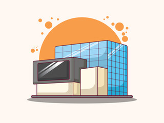 office vector buildings illustrations in perspective view with blue glass facade in cartoon style. Isolated on white background