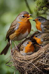 Fototapeta premium robin feeding thier chicks in nest