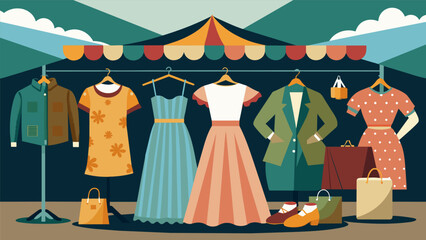 A market stall filled with racks of vintage clothing from flowy Victorian dresses to retro graphic tshirts appealing to the fashionforward and.