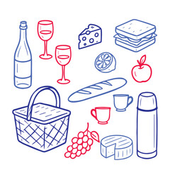 Hand drawn picnic set illustration in red and blue lines. Includes wine, glasses, cheese, sandwich, fruit, thermos, baguette, picnic basket, and cups. Perfect for picnic, outdoor meal, or summer