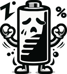 Battery character, anthropomorphic, tired expression, low energy, cartoon style, black and white illustration, doodle art, worried face, percentage symbol, lightning bolt, simple design, mascot, empty