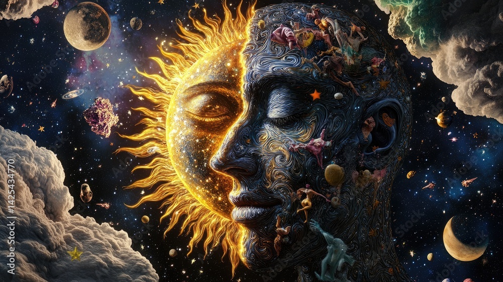 Poster cosmic face split between sun and moon, ornate star patterns over dark celestial canvas